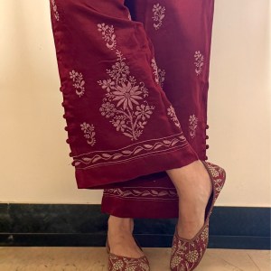 Burnt umber Satin Linen Chikankari Palazzo Pants - Free size