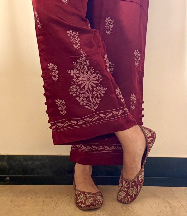 Burnt umber Satin Linen Chikankari Palazzo Pants - Free size