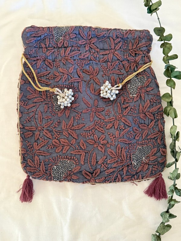 Black & brown Chikankari mukaish & Jaali work motif Potli