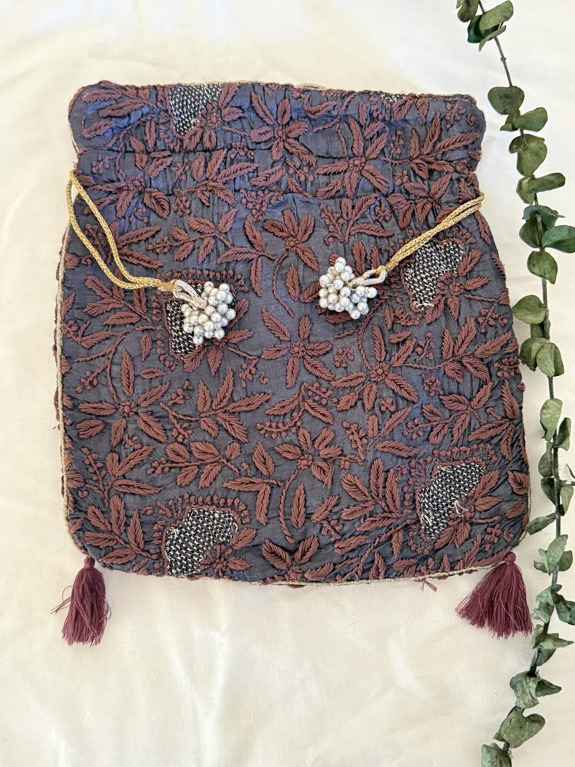 Black & brown Chikankari mukaish & Jaali work motif Potli - Image 1