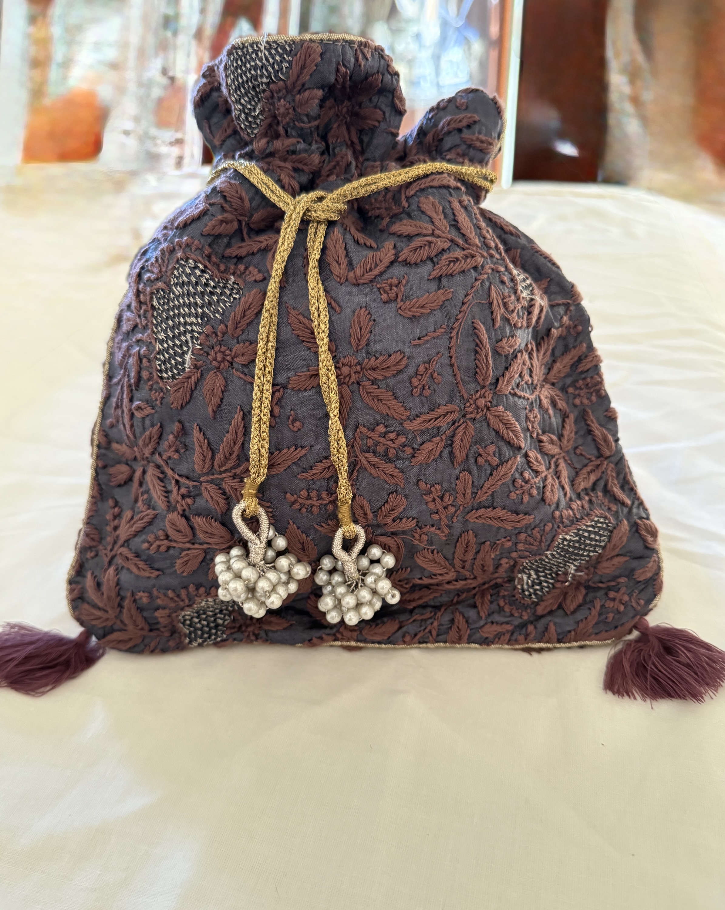 Black & brown Chikankari mukaish & Jaali work motif Potli - Image 3
