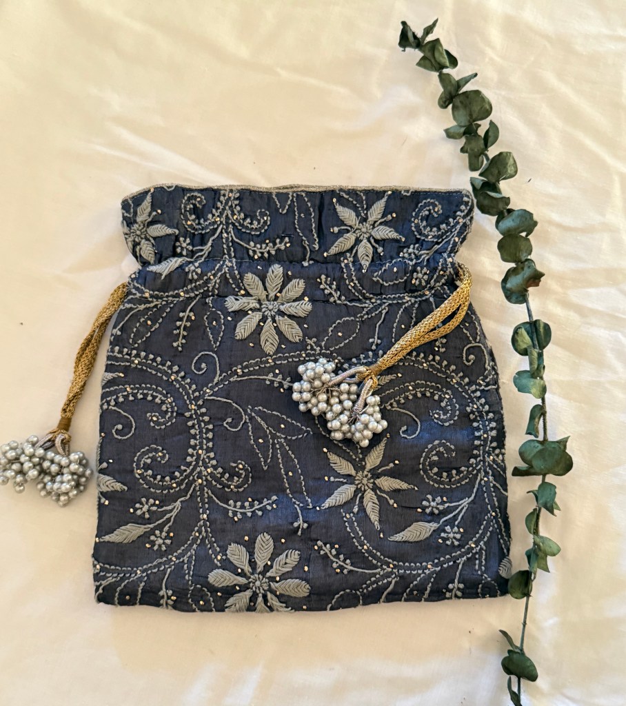Black & grey silk chikankari potli