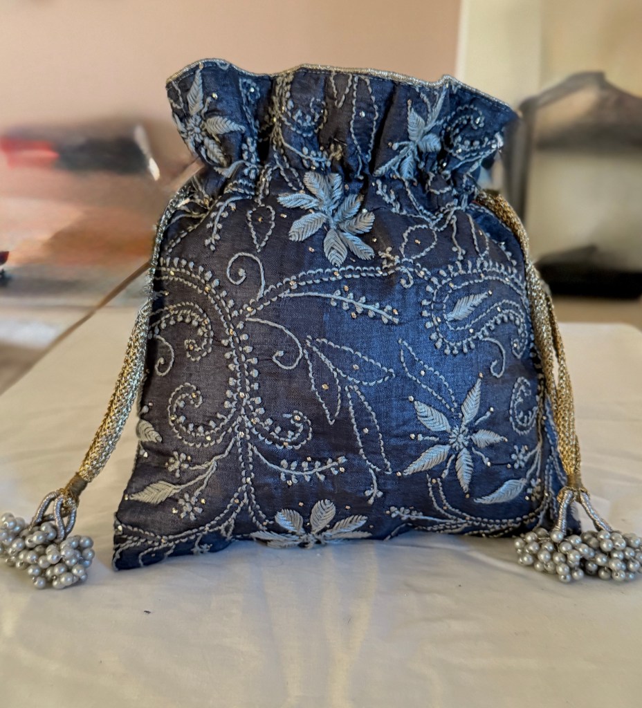 Black & grey silk chikankari potli
