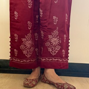 Burnt umber Satin Linen Chikankari Palazzo Pants - Free size - Image 2