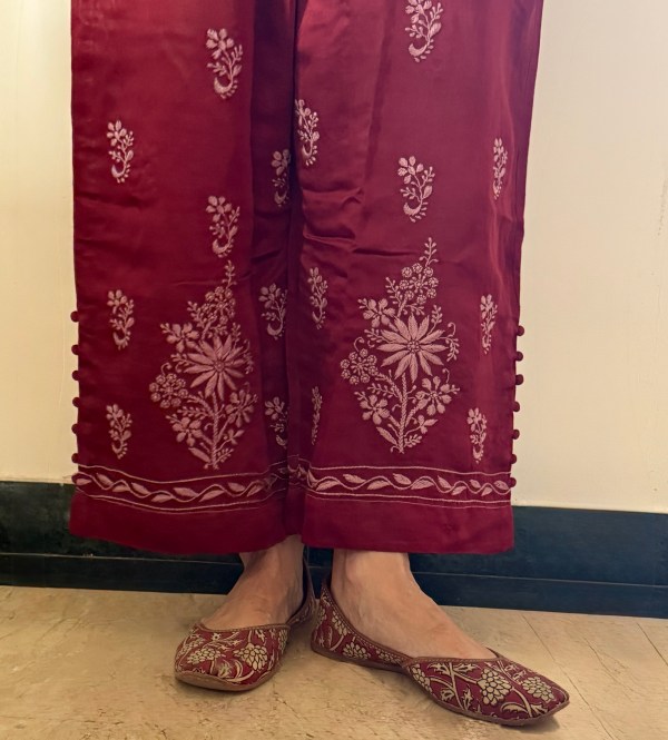 Burnt umber Satin Linen Chikankari Palazzo Pants - Free size
