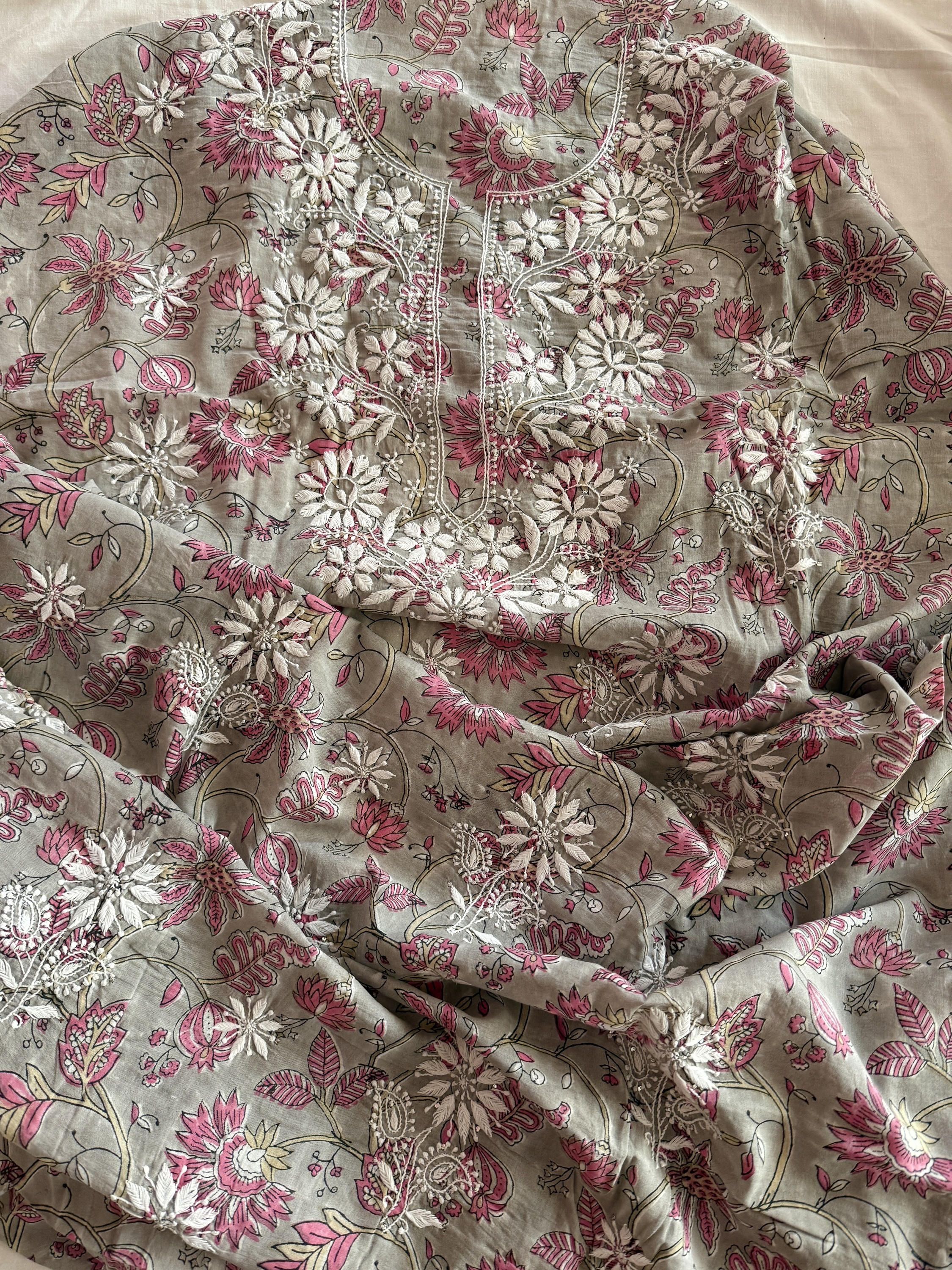 Grey & pink sanganeri hand block printed pure cotton Chikankari kurta piece - Image 1