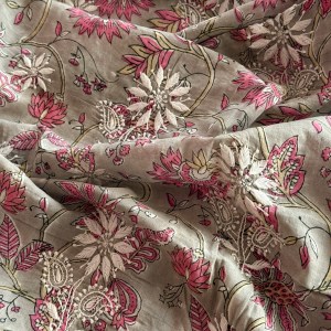 Grey & pink sanganeri hand block printed pure cotton Chikankari kurta piece - Image 2