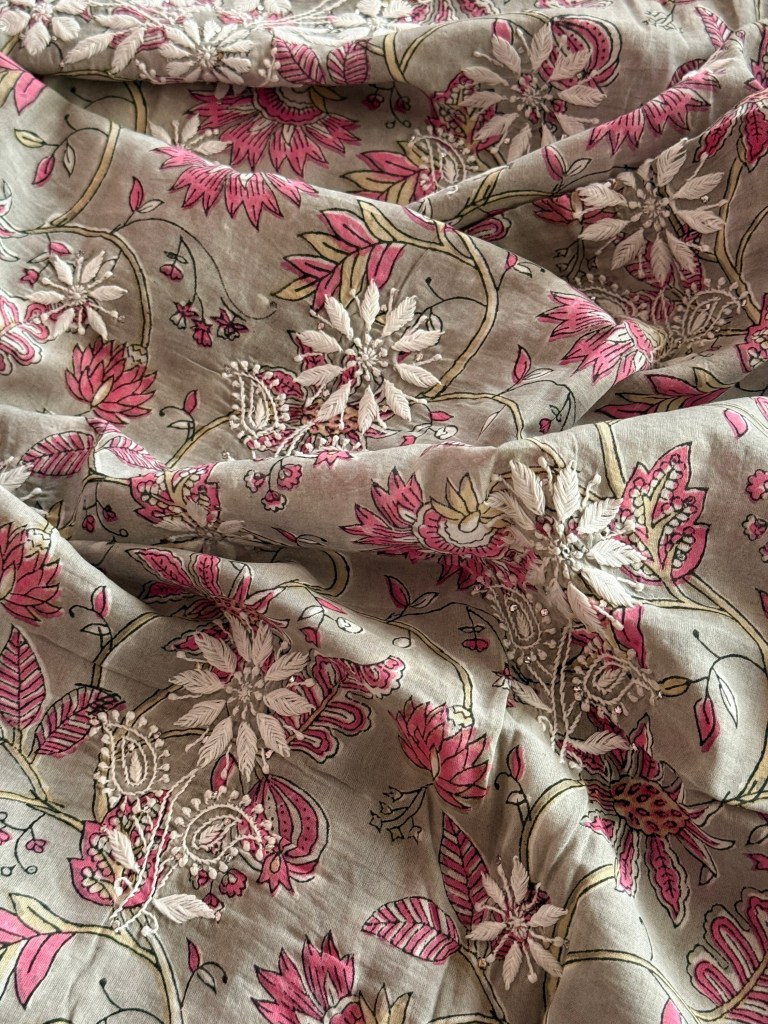 Grey & pink sanganeri hand block printed pure cotton Chikankari kurta piece