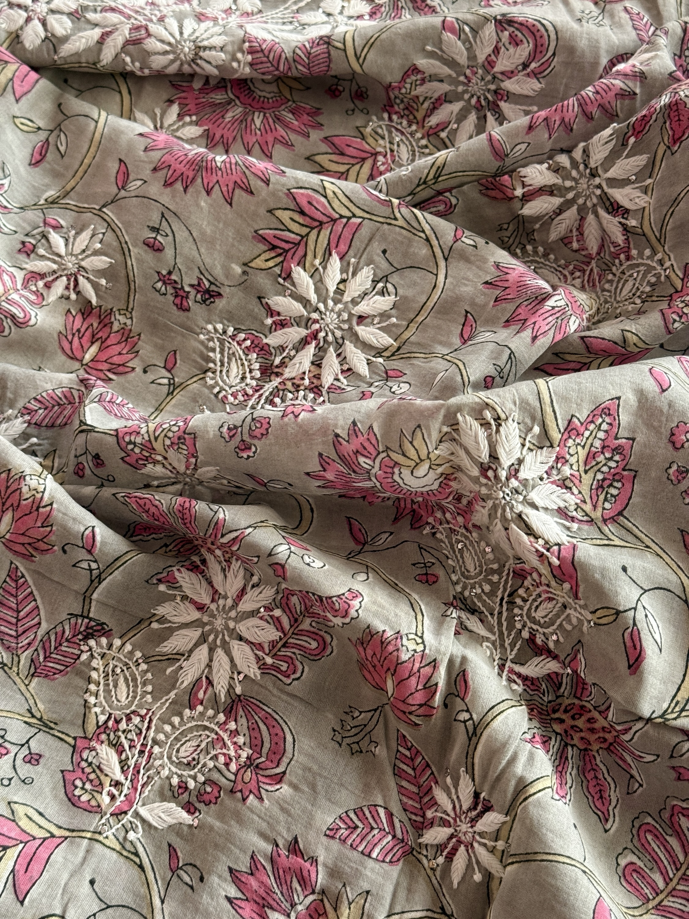 Grey & pink sanganeri hand block printed pure cotton Chikankari kurta piece - Image 2