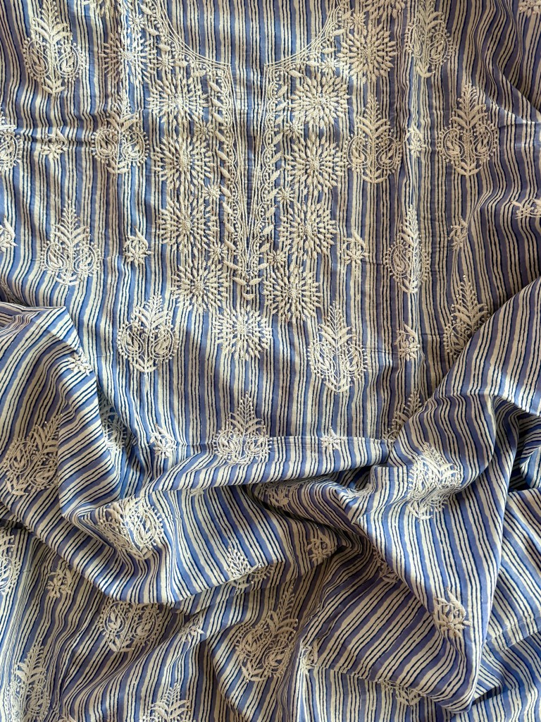 Blue striped hand block printed pure cotton Chikankari kurta fabric