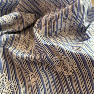 Blue striped hand block printed pure cotton Chikankari kurta fabric - Image 2