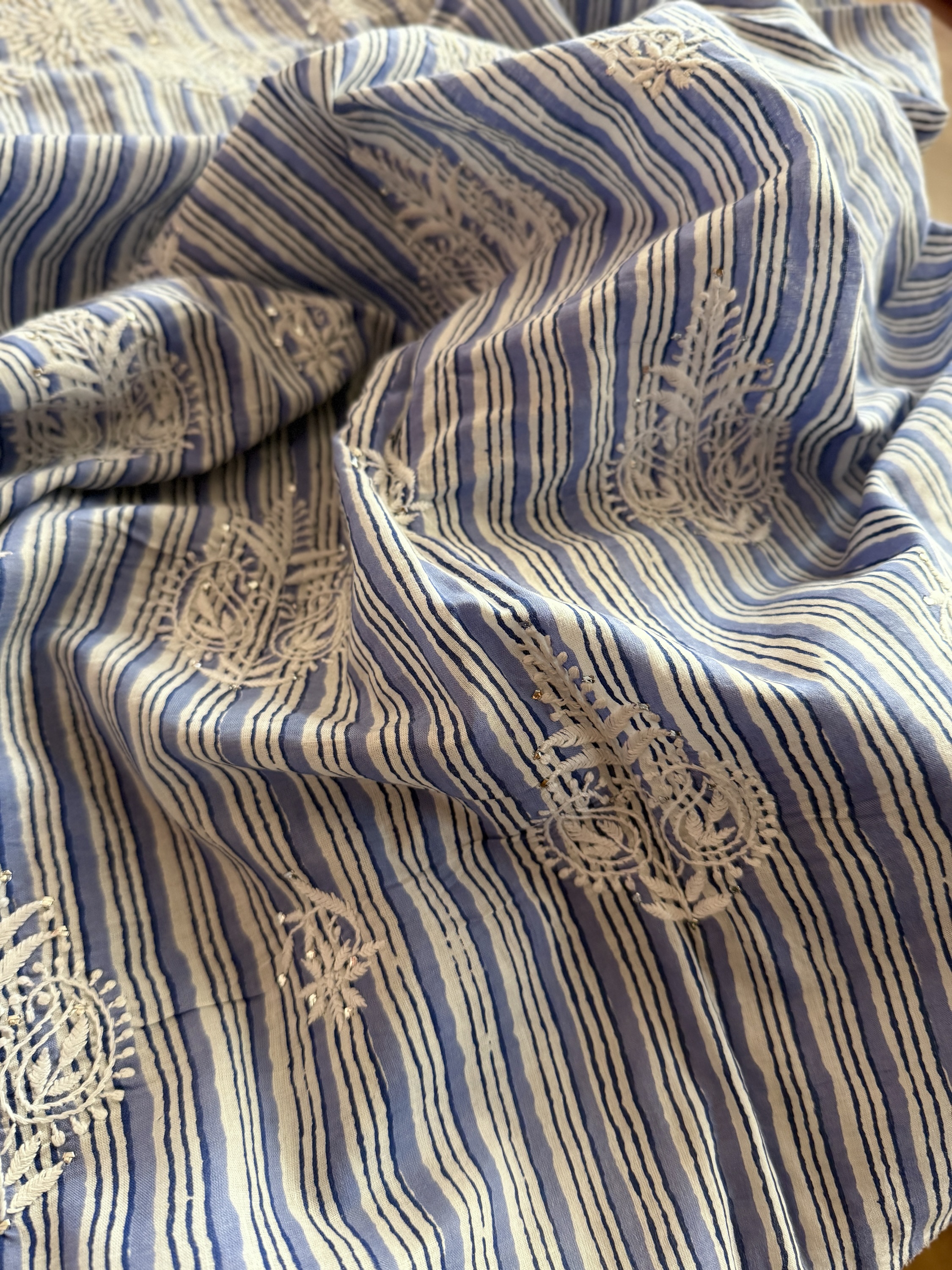 Blue striped hand block printed pure cotton Chikankari kurta fabric - Image 2