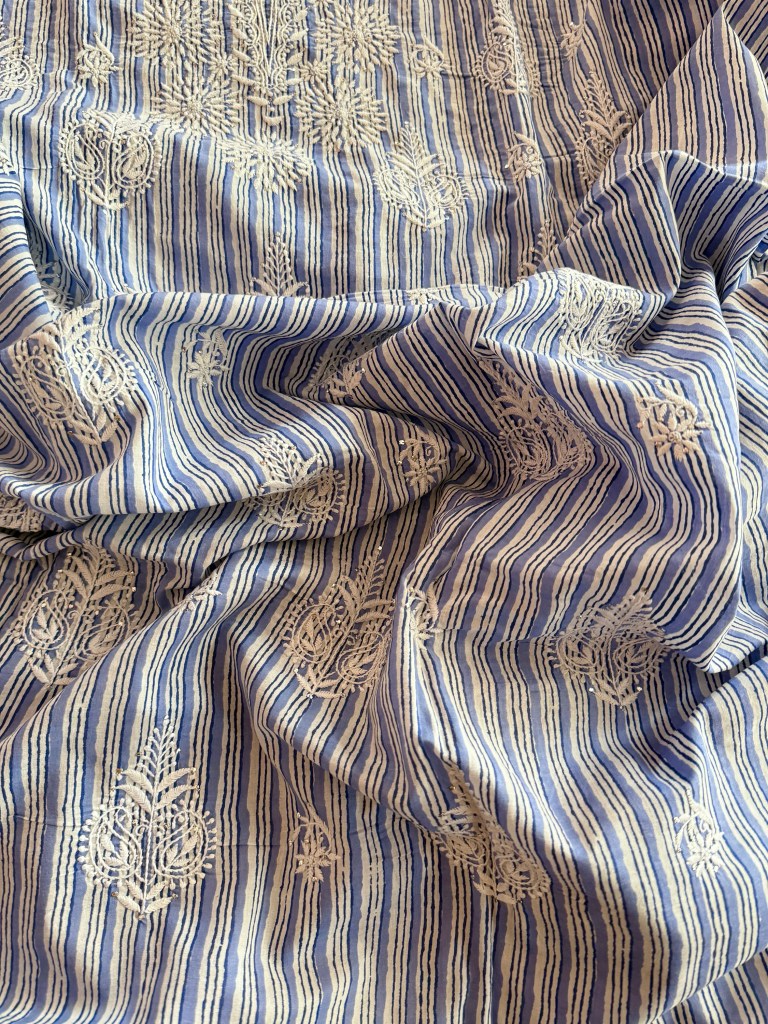 Blue striped hand block printed pure cotton Chikankari kurta fabric