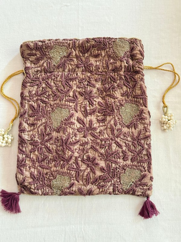 Antique Rose silk Chikankari potli with Jaali motifs