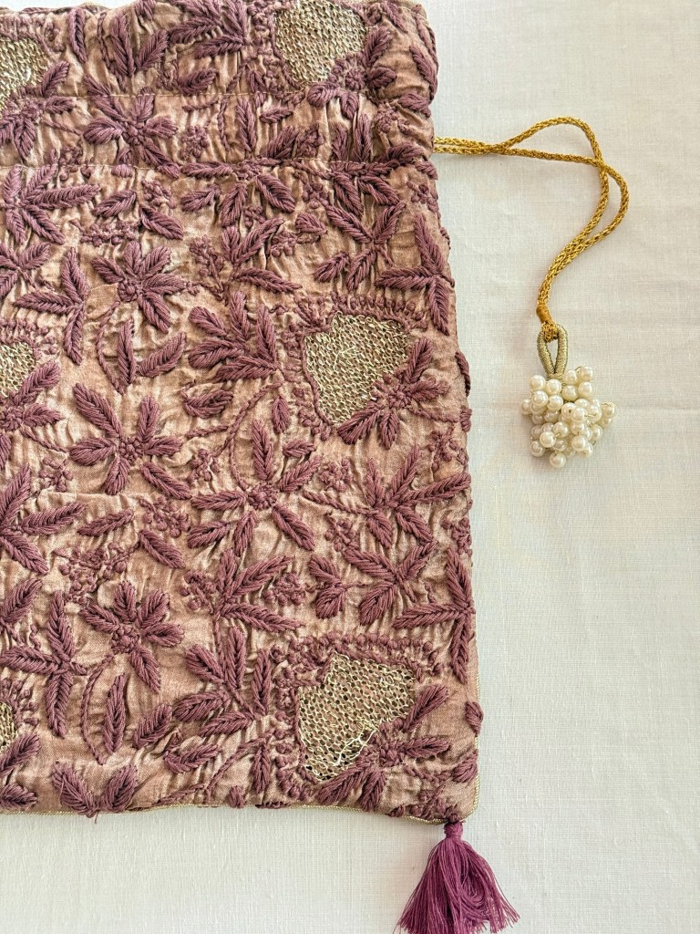 Antique Rose silk Chikankari potli with Jaali motifs