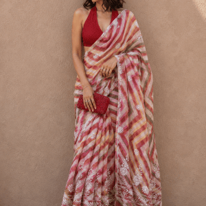 Pink & brown Handmade tie & dye ombré Kota Mul leheriya Chikankari saree - Image 1