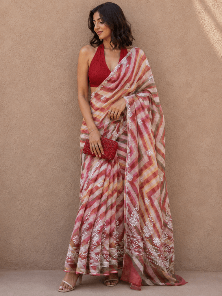 Pink & brown Handmade tie & dye ombré Kota Mul leheriya Chikankari saree