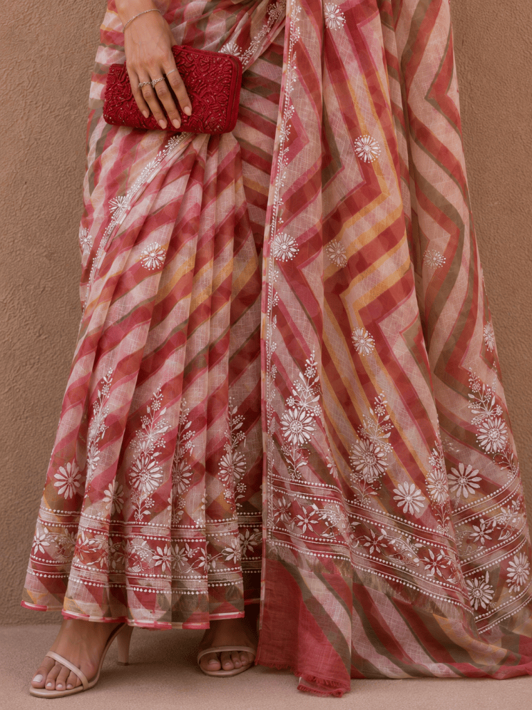 Pink & brown Handmade tie & dye ombré Kota Mul leheriya Chikankari saree