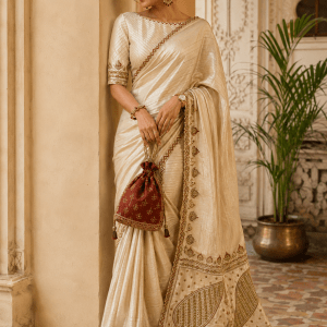 Beige pure Muga Tussar Silk ektaar  Chikankari Saree & blouse
