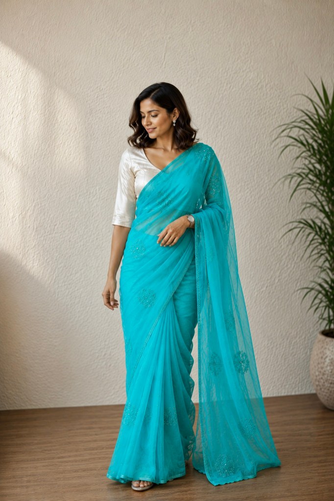 Caribbean blue pure organza chikankari saree with bead work