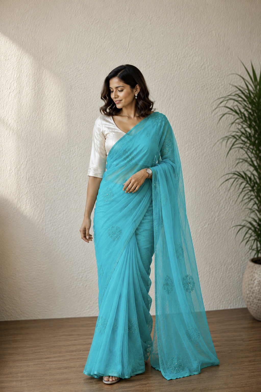 Caribbean blue pure organza chikankari saree with bead work - Image 1