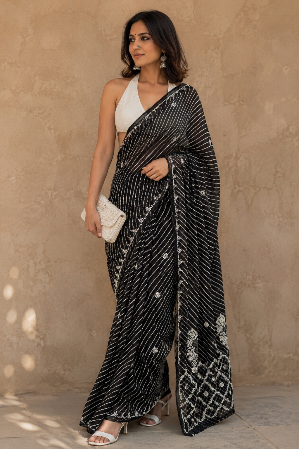 Black & white Handmade tie & dye Kota Mul leheriya Chikankari saree - Image 1