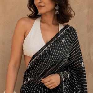Black & white Handmade tie & dye Kota Mul leheriya Chikankari saree - Image 2