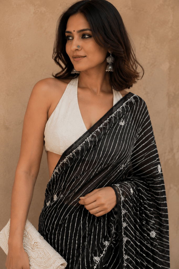 Black & white Handmade tie & dye Kota Mul leheriya Chikankari saree