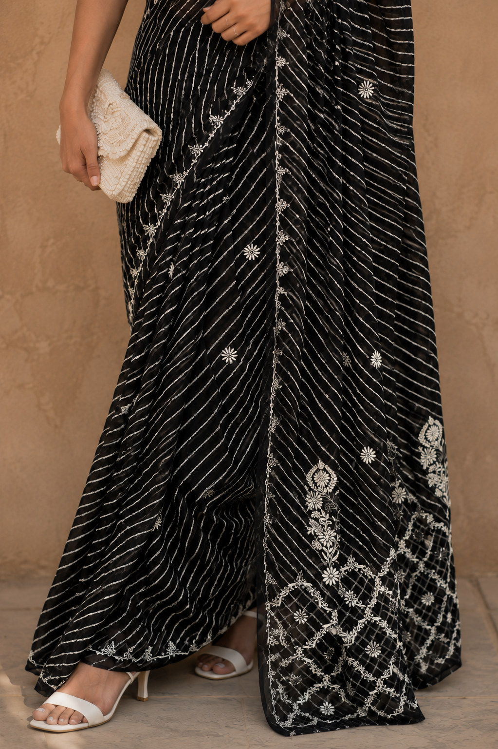 Black & white Handmade tie & dye Kota Mul leheriya Chikankari saree - Image 3