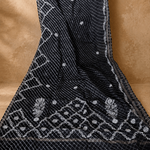 Black & white Handmade tie & dye Kota Mul leheriya Chikankari saree - Image 4