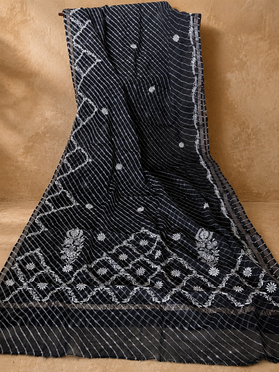 Black & white Handmade tie & dye Kota Mul leheriya Chikankari saree - Image 4