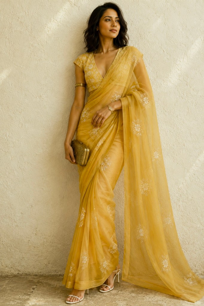 Golden yolk pure organza chikankari saree with pearl & bead work