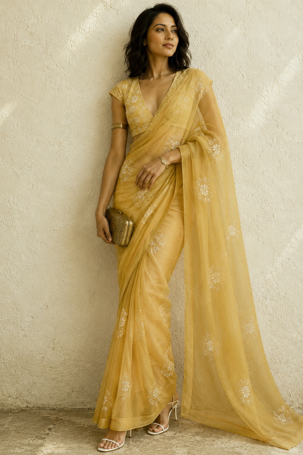 Golden yolk pure organza chikankari saree with pearl & bead work - Image 1