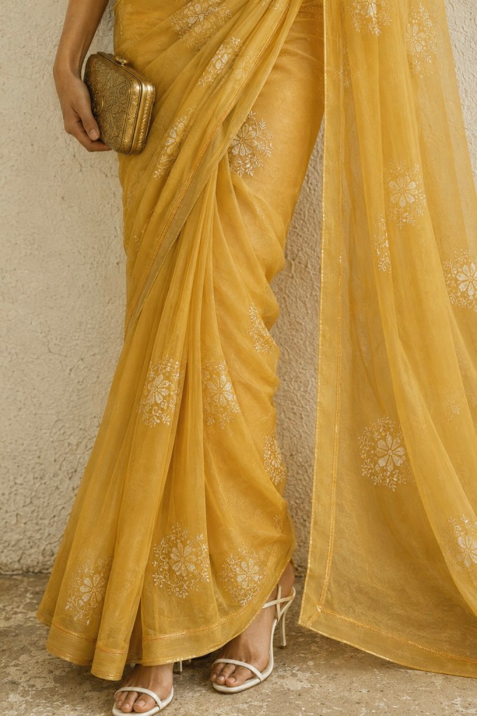 Golden yolk pure organza chikankari saree with pearl & bead work