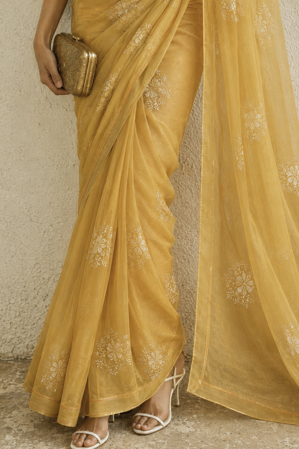 Golden yolk pure organza chikankari saree with pearl & bead work - Image 2