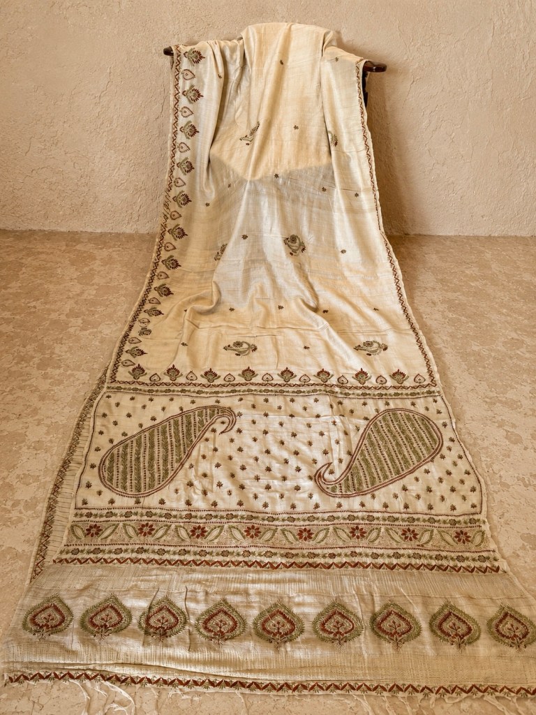 Beige pure Muga Tussar Silk ektaar Chikankari Saree & blouse