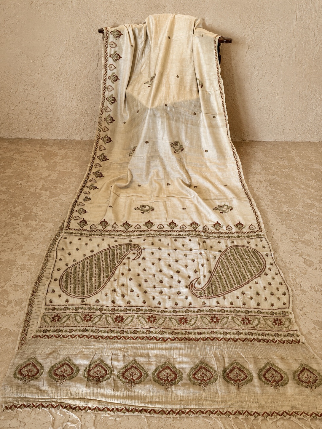 Beige pure Muga Tussar Silk ektaar  Chikankari Saree & blouse - Image 3