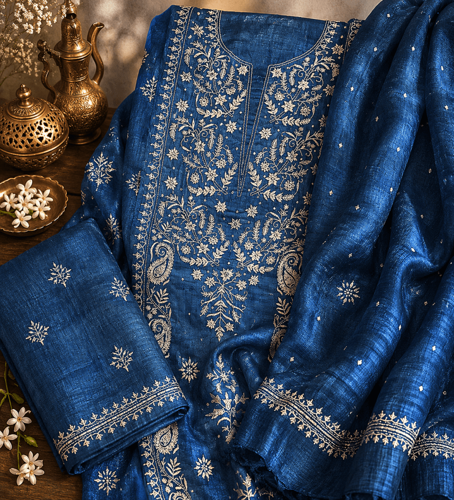 Cobalt blue khadi silk kurta dupatta set with pearl cut dana & sequin add ons