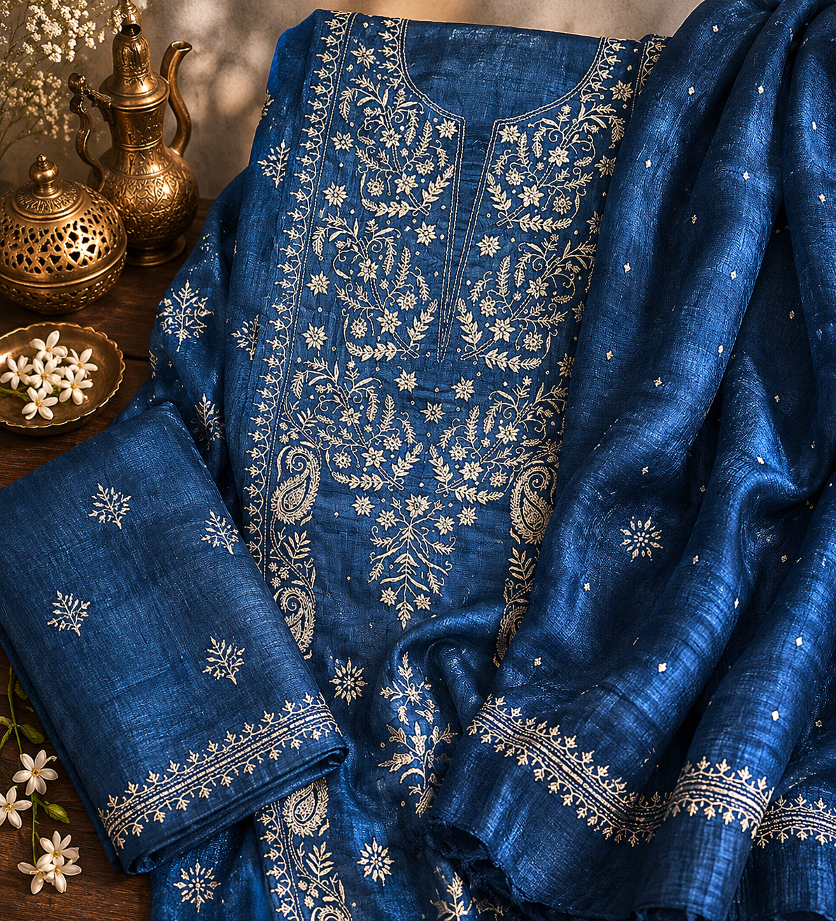 Cobalt blue khadi silk kurta dupatta set with pearl cut dana & sequin add ons - Image 1