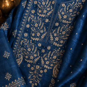 Cobalt blue khadi silk kurta dupatta set with pearl cut dana & sequin add ons - Image 2