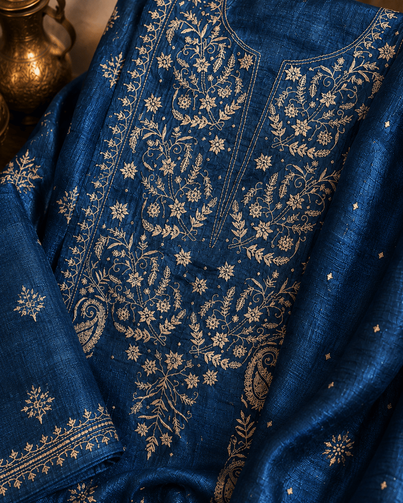 Cobalt blue khadi silk kurta dupatta set with pearl cut dana & sequin add ons