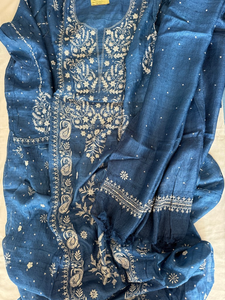 Cobalt blue khadi silk kurta dupatta set with pearl cut dana & sequin add ons