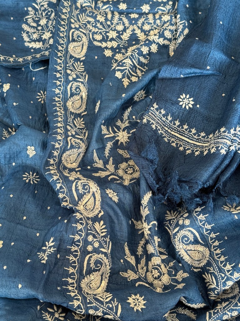 Cobalt blue khadi silk kurta dupatta set with pearl cut dana & sequin add ons