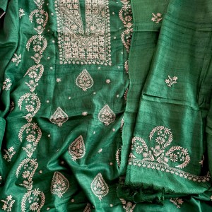 Forest green khadi silk do taar Chikankari kurta dupatta set