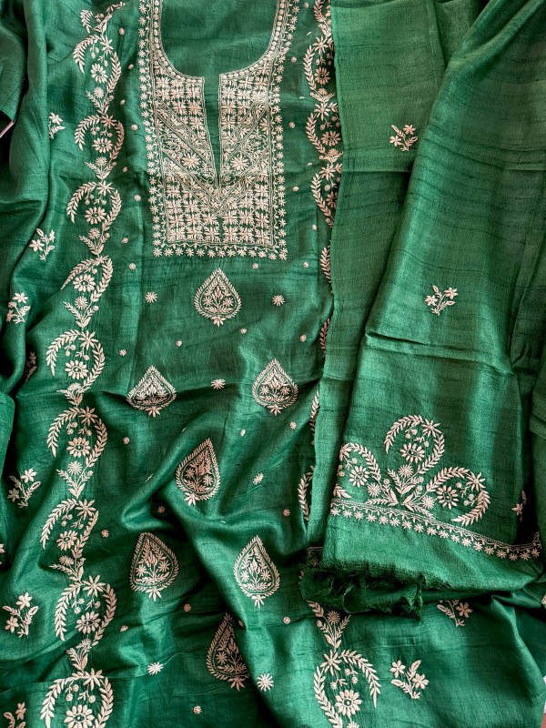 Forest green khadi silk do taar Chikankari kurta dupatta set