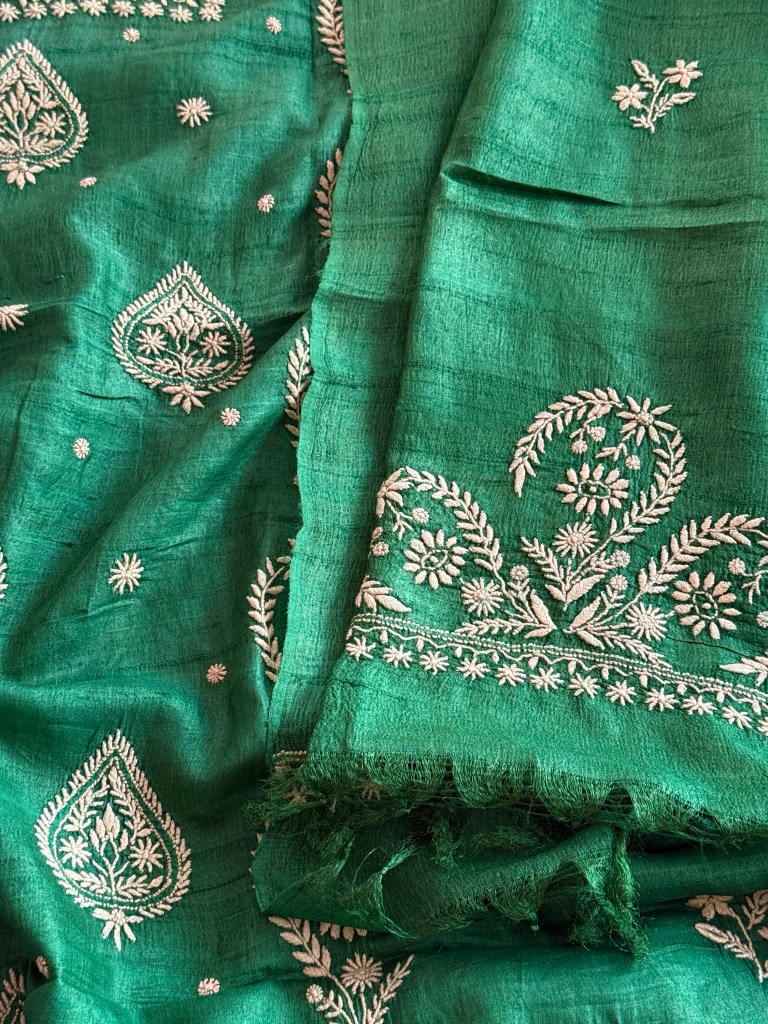Forest green khadi silk do taar Chikankari kurta dupatta set