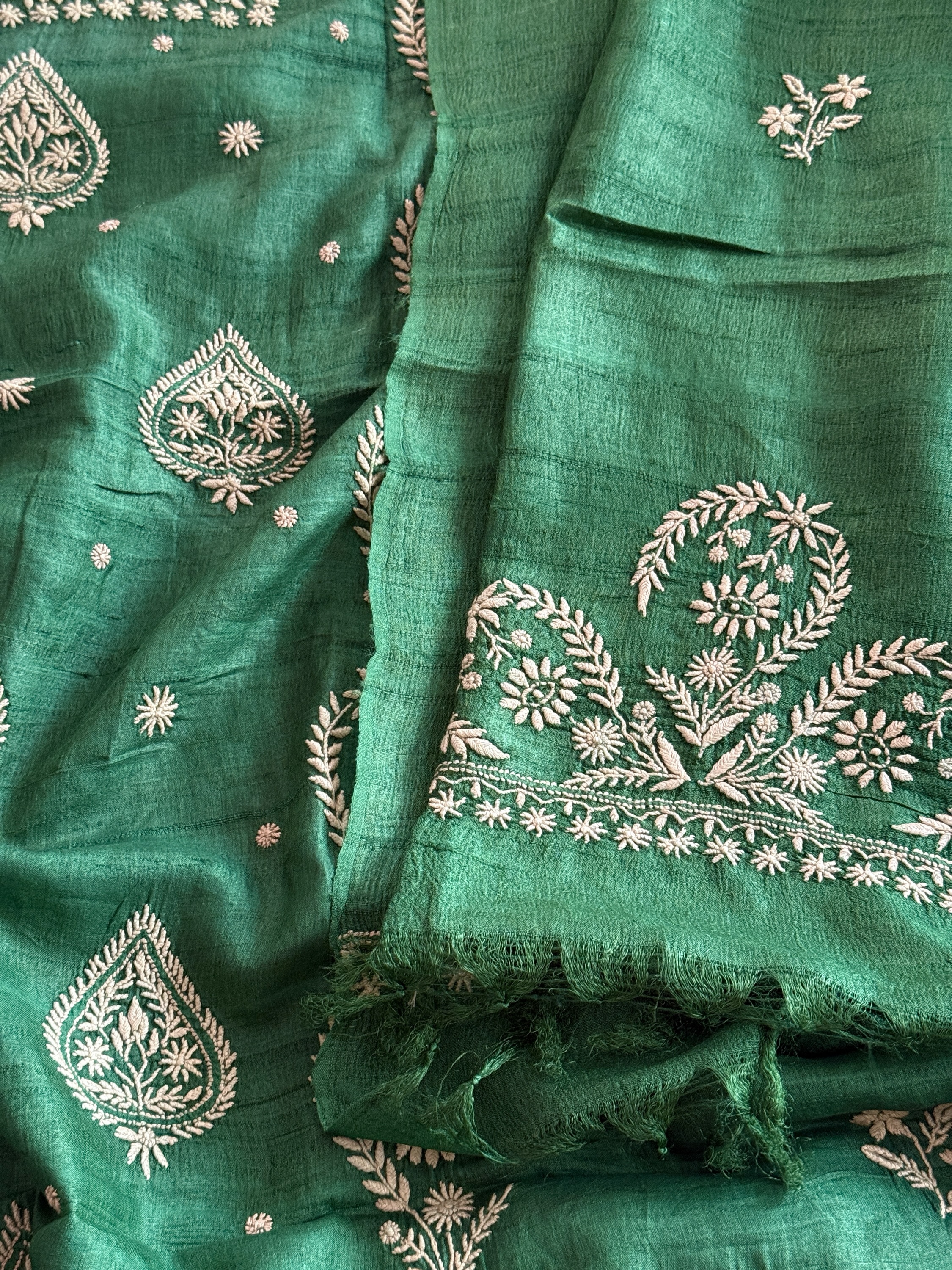 Forest green khadi silk do taar Chikankari kurta dupatta set - Image 2