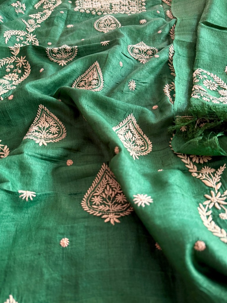 Forest green khadi silk do taar Chikankari kurta dupatta set
