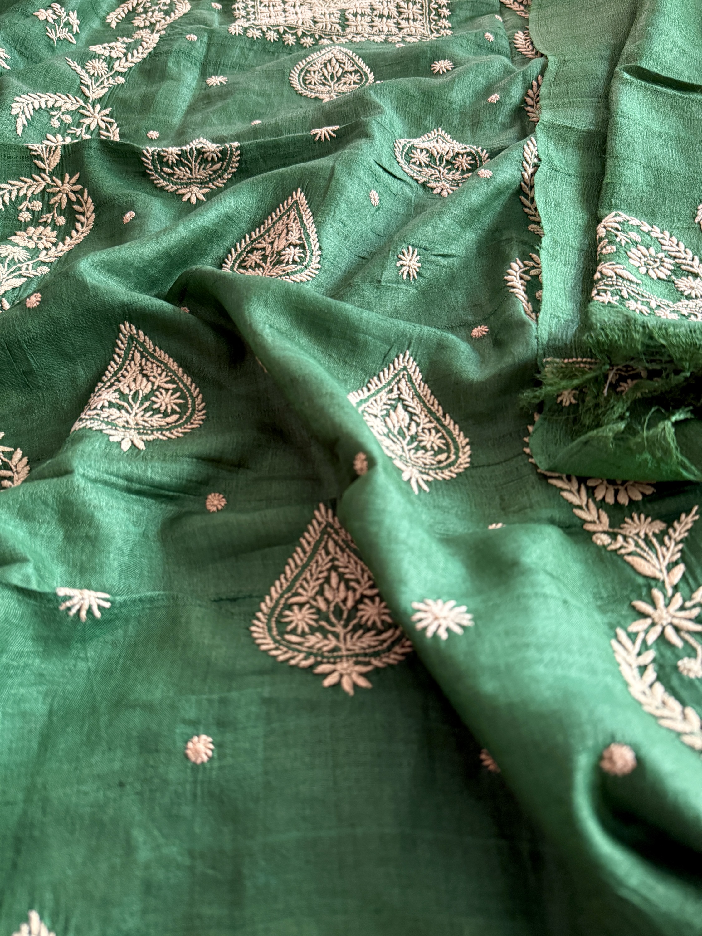 Forest green khadi silk do taar Chikankari kurta dupatta set - Image 3