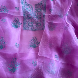 Orchid purple organza chikankari kurta dupatta set with mukaish work